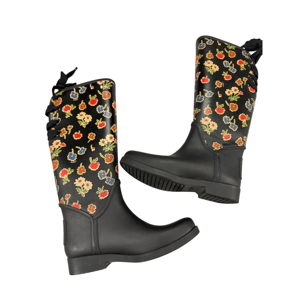 Coach Tristee Floral Rain Boots Black Matte Rubber Tall Lace Back Womens 8B